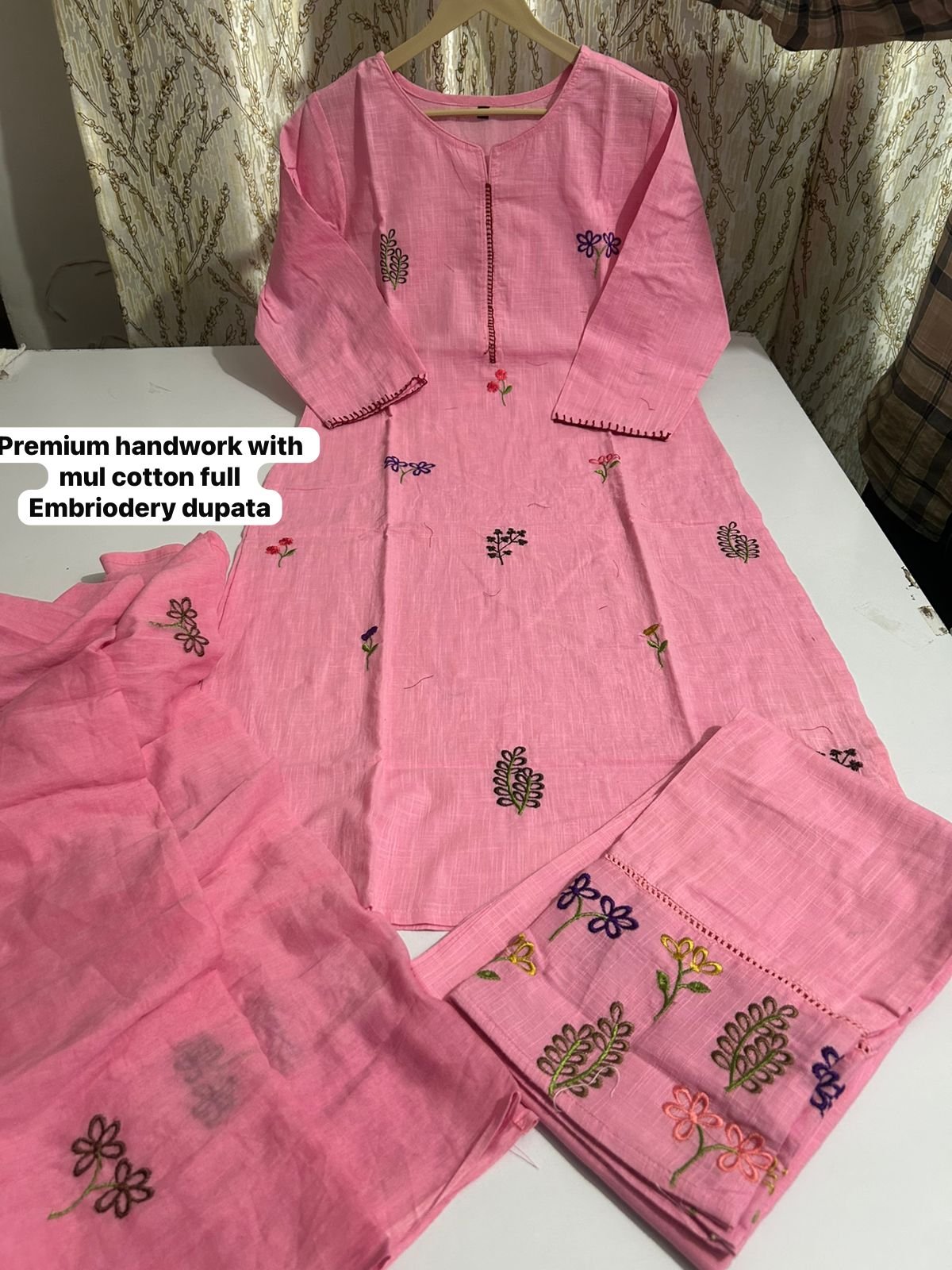 Pink Khadi Cotton Suit Set with Kantha Handwork